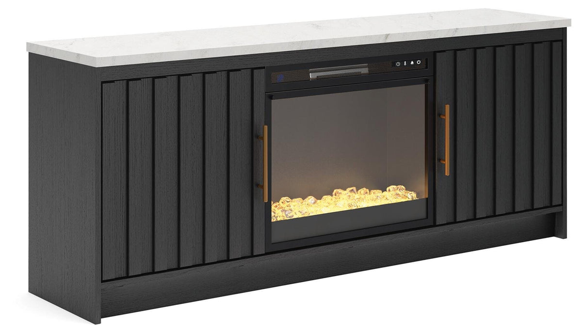 Cadmori 63-inch TV stand with glass and stone electric fireplace — W2616W1