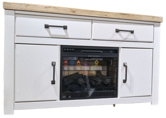 Savonport 62-inch TV stand shown with log fireplace