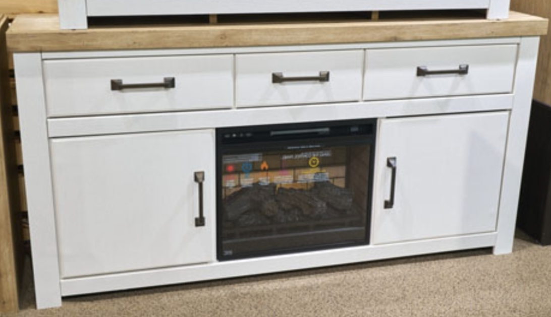 Savonport 73-inch TV stand shown with log fireplace