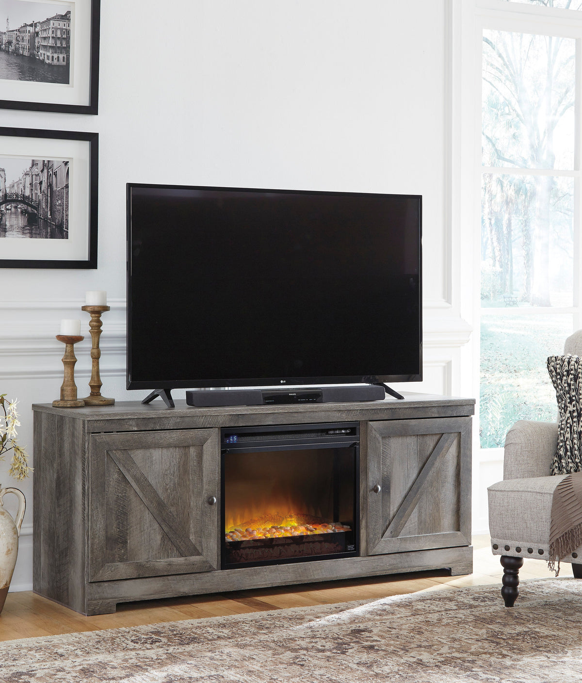 Wynnlow electric fireplace TV stand — glass/stone insert 2